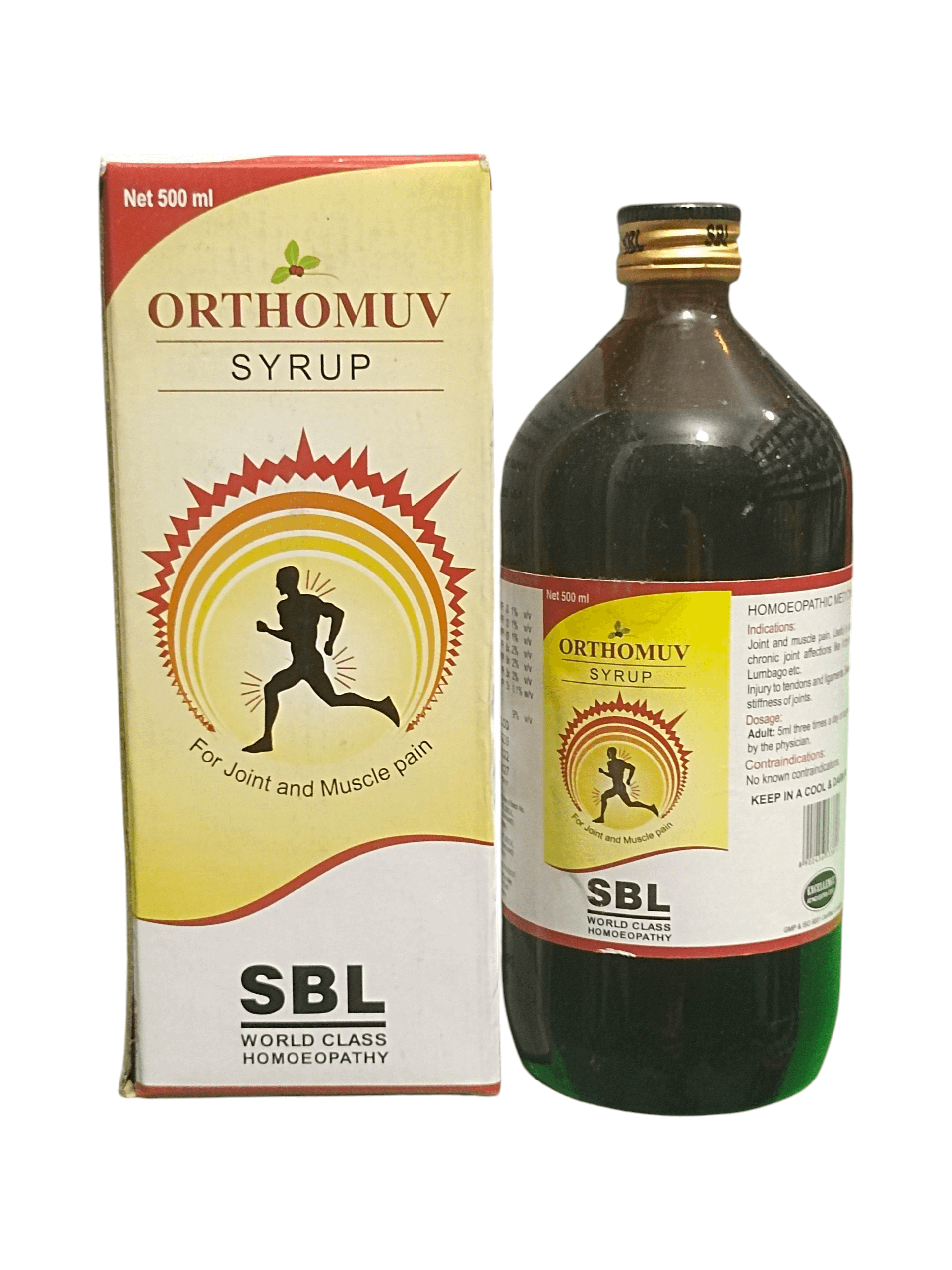 SBL ORTHOMUV SYRUP FOR JOINT AND MUSCLES PAIN HOMEOPATHIC MEDICINE 500ML in a bottle with packaging.
