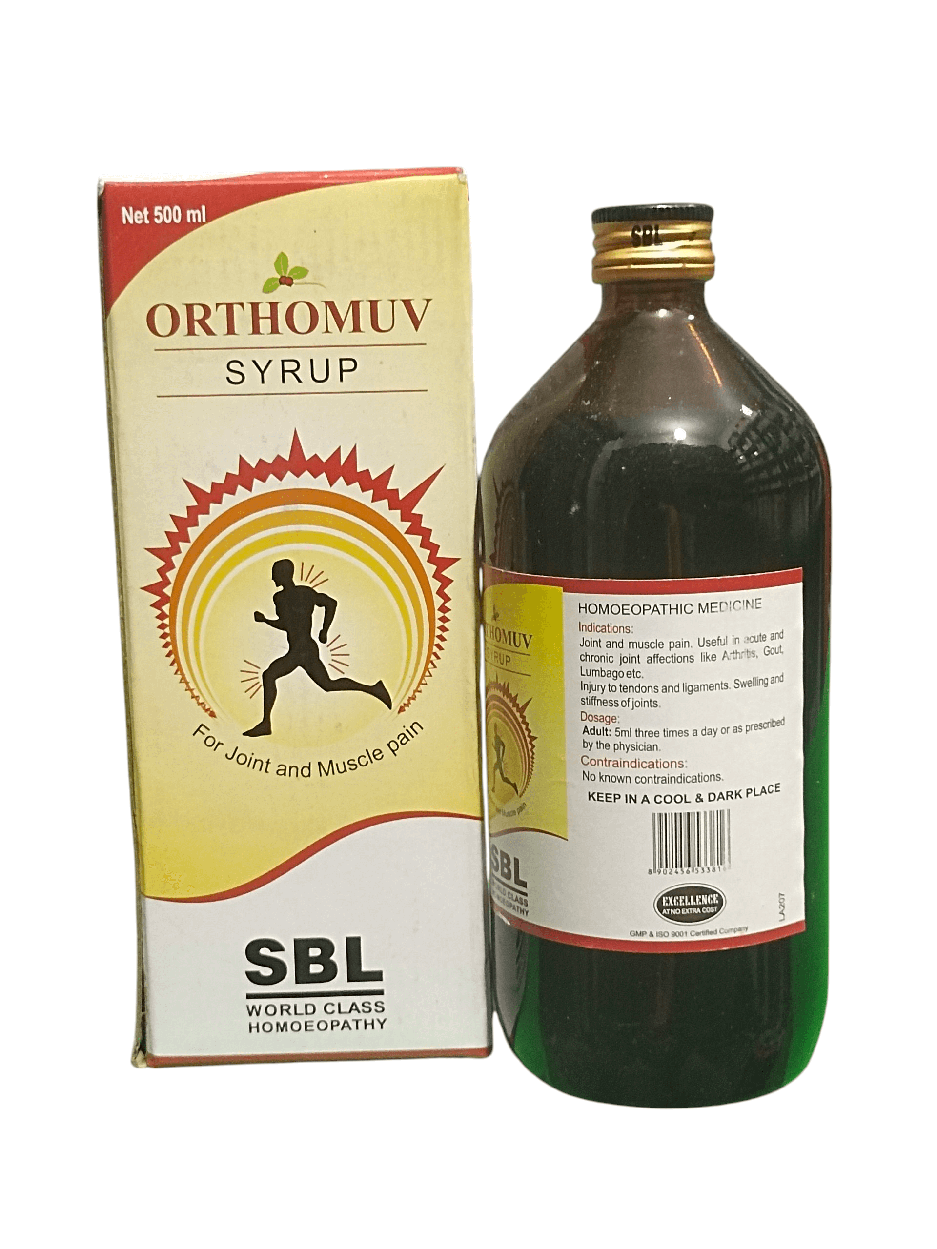 SBL ORTHOMUV SYRUP FOR JOINT AND MUSCLES PAIN HOMEOPATHIC MEDICINE 500ML bottle and packaging