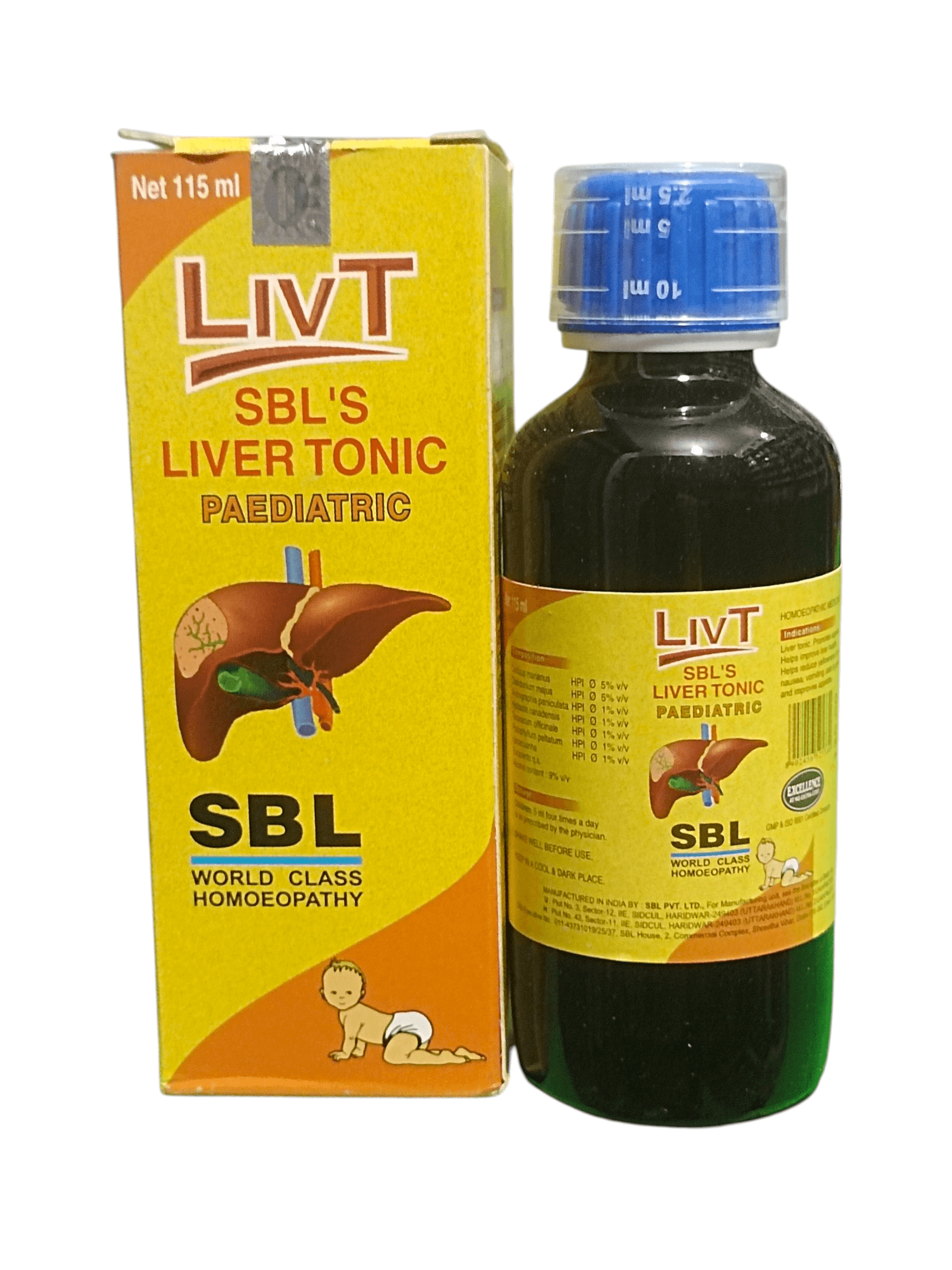 SBL LIV-T LIVER TONIC PAEDIATRIC HOMEOPATHIC MEDICINE 115ML bottle and packaging for children's liver health.
