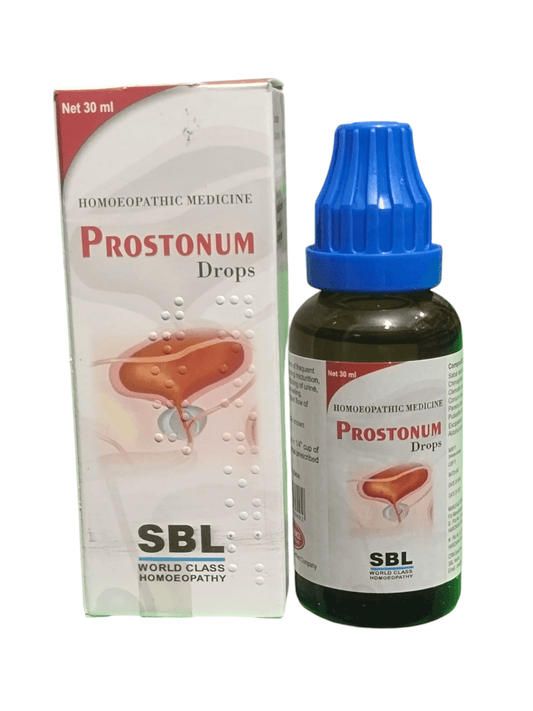 SBL PROSTONUM DROPS HOMEOPATHIC MEDICINE 30ML bottle and box for prostate enlargement relief.