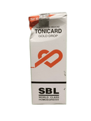 SBL TONICARD GOLD DROP HOMEOPATHIC MEDICINE 100ML packaging with heart design and SBL branding.