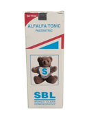 SBL ALFALFA TONIC PAEDETRIC HOMEOPATHIC MEDICINE 115ML packaging with a teddy bear illustration.