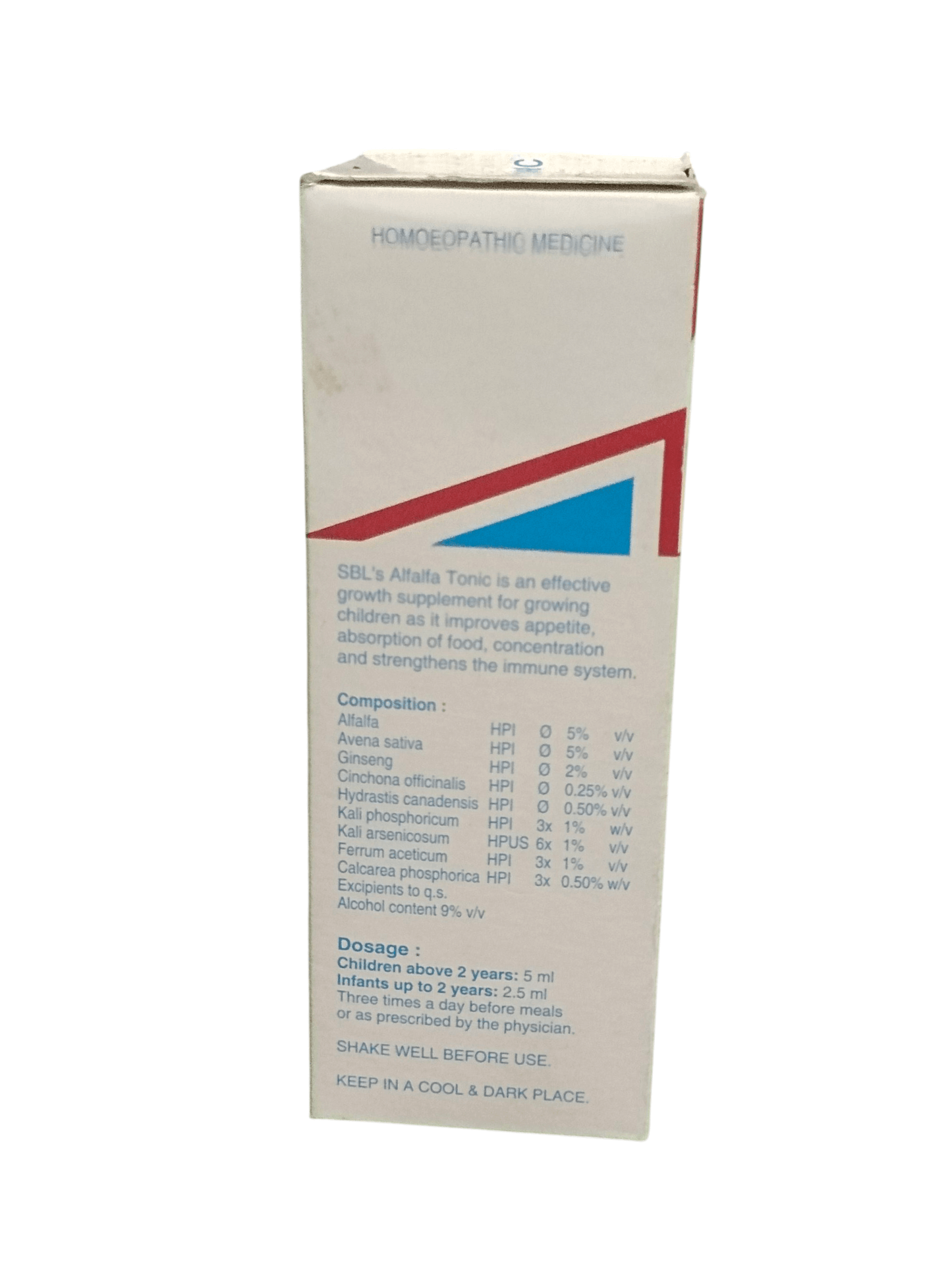 SBL ALFALFA TONIC PAEDETRIC HOMEOPATHIC MEDICINE 115ML ingredients and dosage information on the packaging.