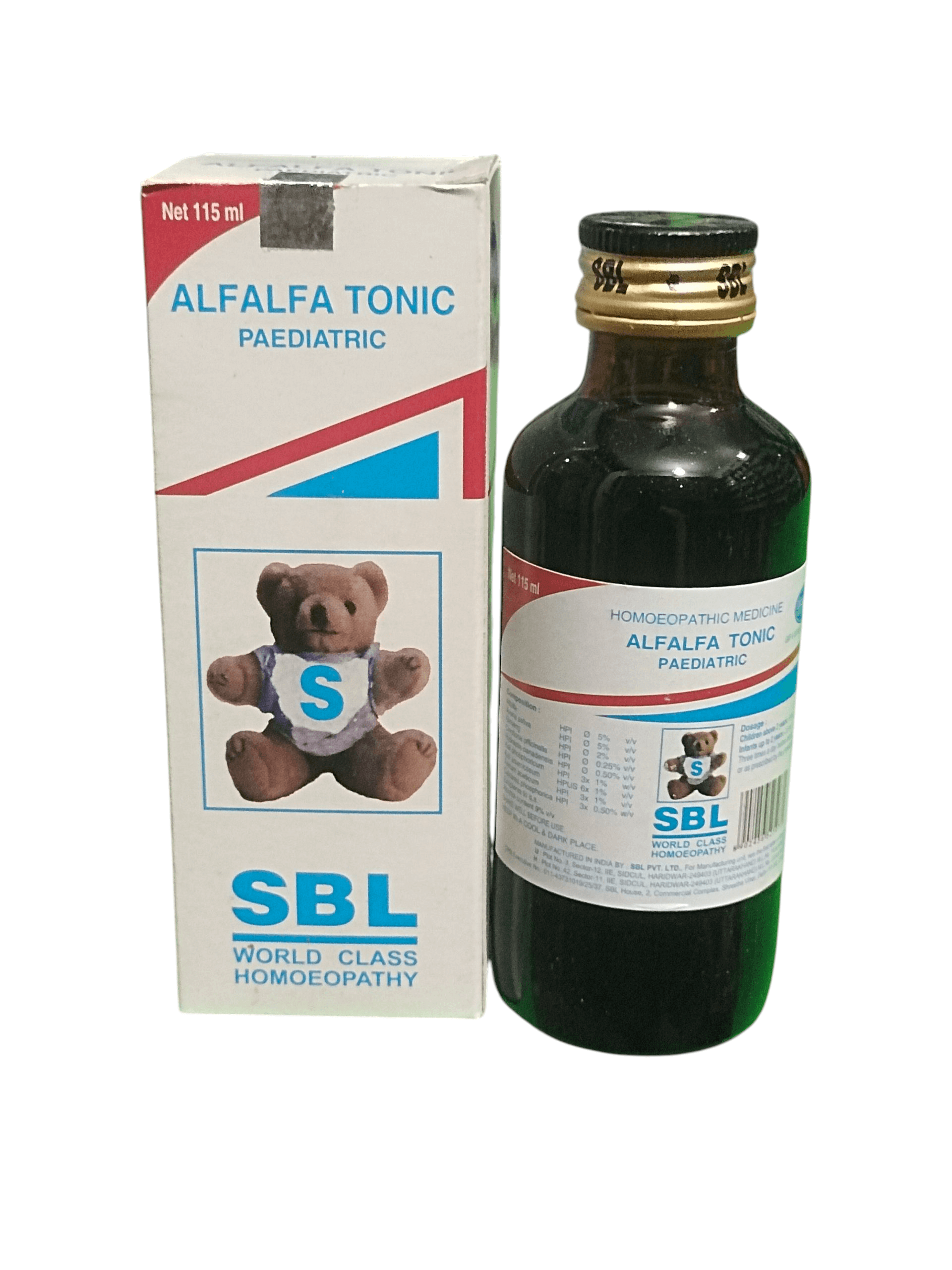 SBL ALFALFA TONIC PAEDETRIC HOMEOPATHIC MEDICINE 115ML and packaging with a teddy bear.