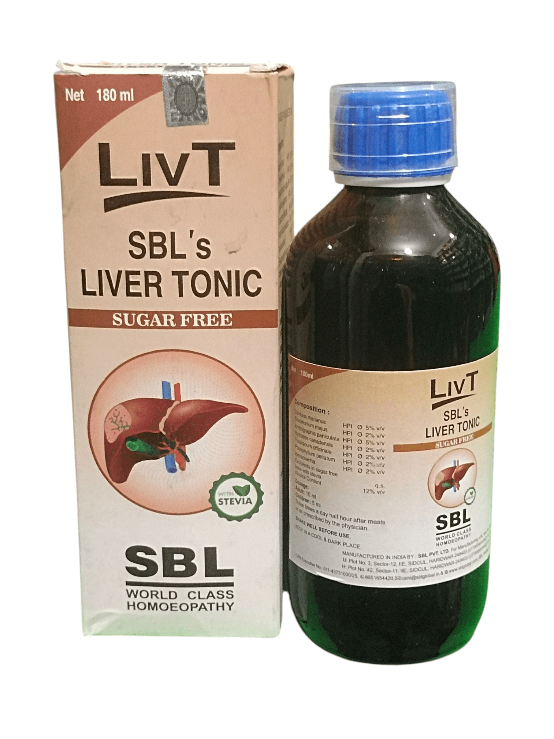 SBL LIVT SUGAR FREE LIVER TONIC HOMEOPATHIC MEDICINE 180ML bottle and packaging for liver health support.
