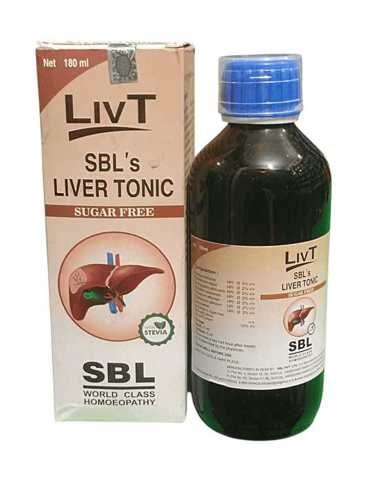 SBL LIVT SUGAR FREE LIVER TONIC HOMEOPATHIC MEDICINE 180ML bottle and packaging for liver health support.