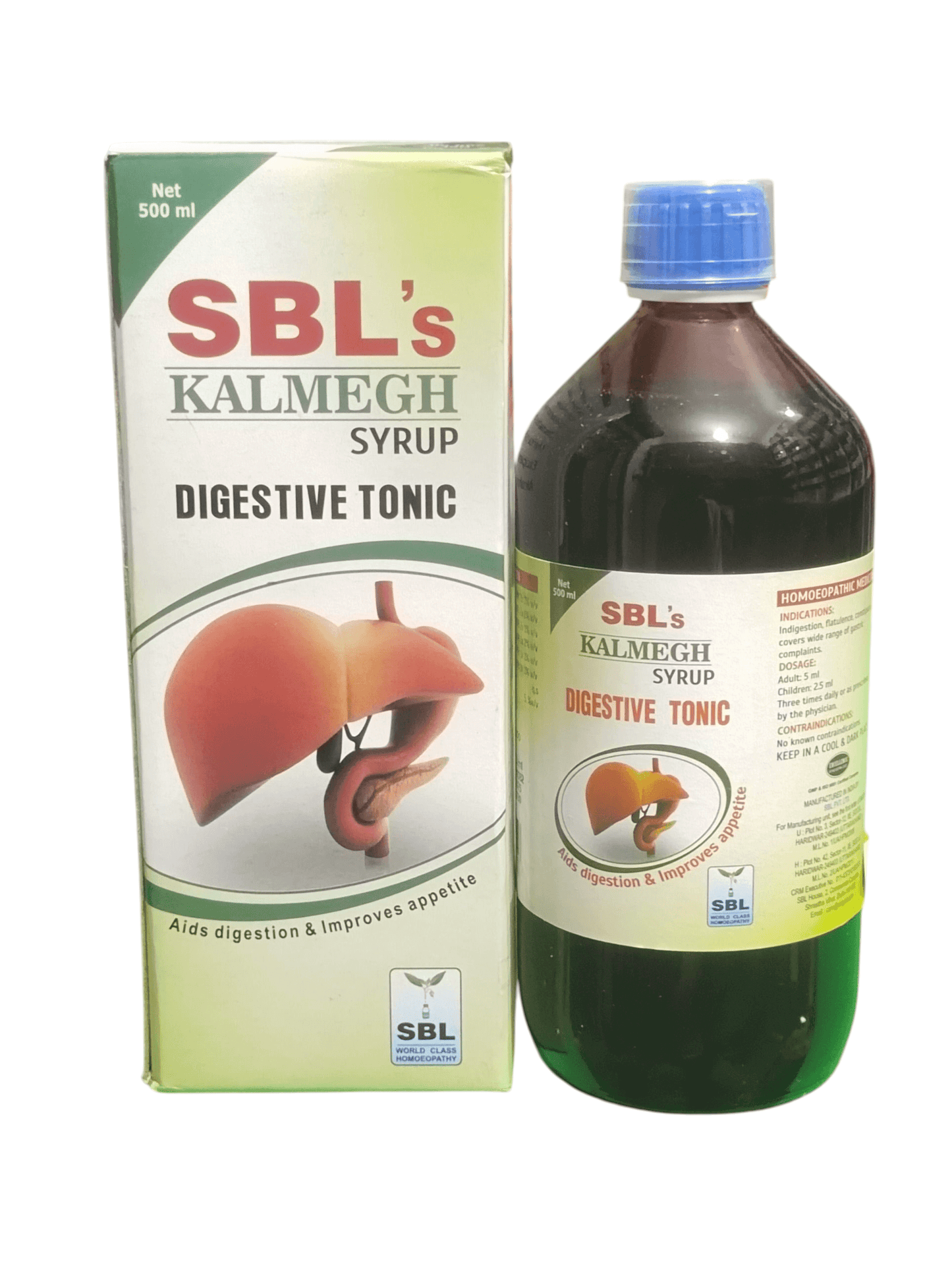 SBL KALMEGH SYRUP DIGESTIVE TONIC HOMEOPATHIC MEDICINE 500ML in packaging with bottle.