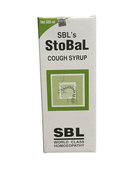 SBL STOBAL COUGH SYRUP HOMEOPATHIC MEDICINE 500ML packaging with a throat illustration.