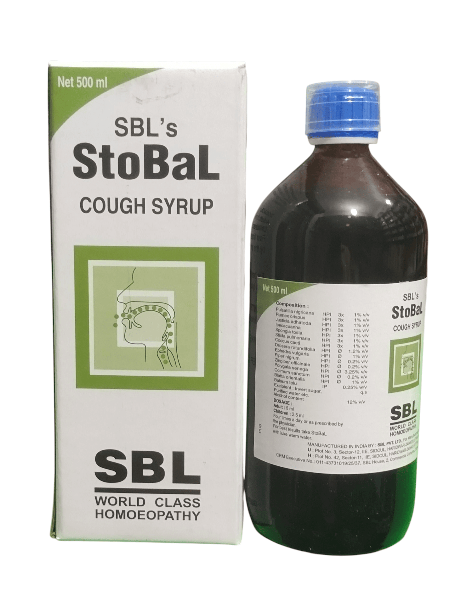 SBL STOBAL COUGH SYRUP HOMEOPATHIC MEDICINE 500ML bottle and packaging for cough relief