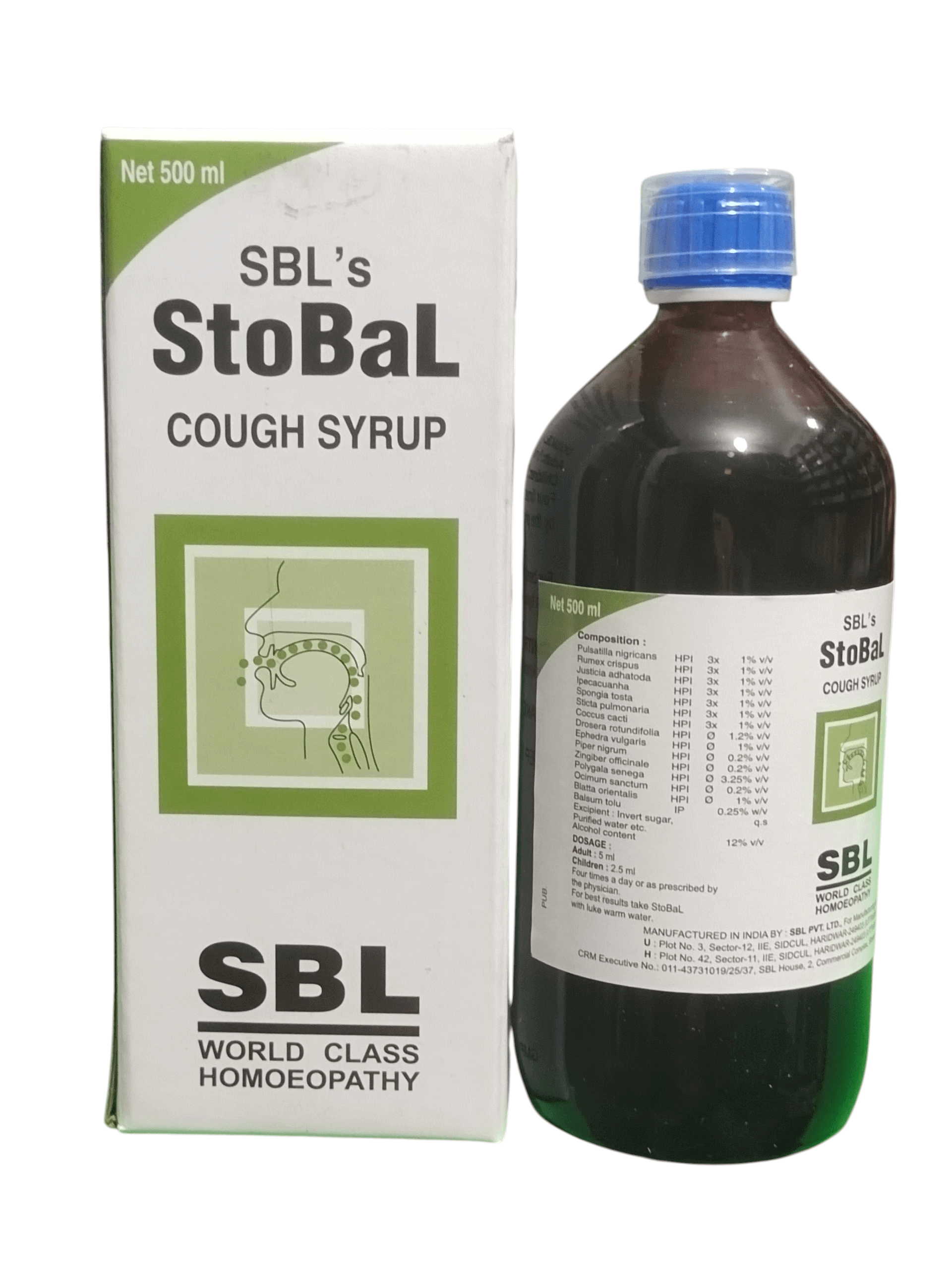 SBL STOBAL COUGH SYRUP HOMEOPATHIC MEDICINE 500ML bottle and packaging for cough relief