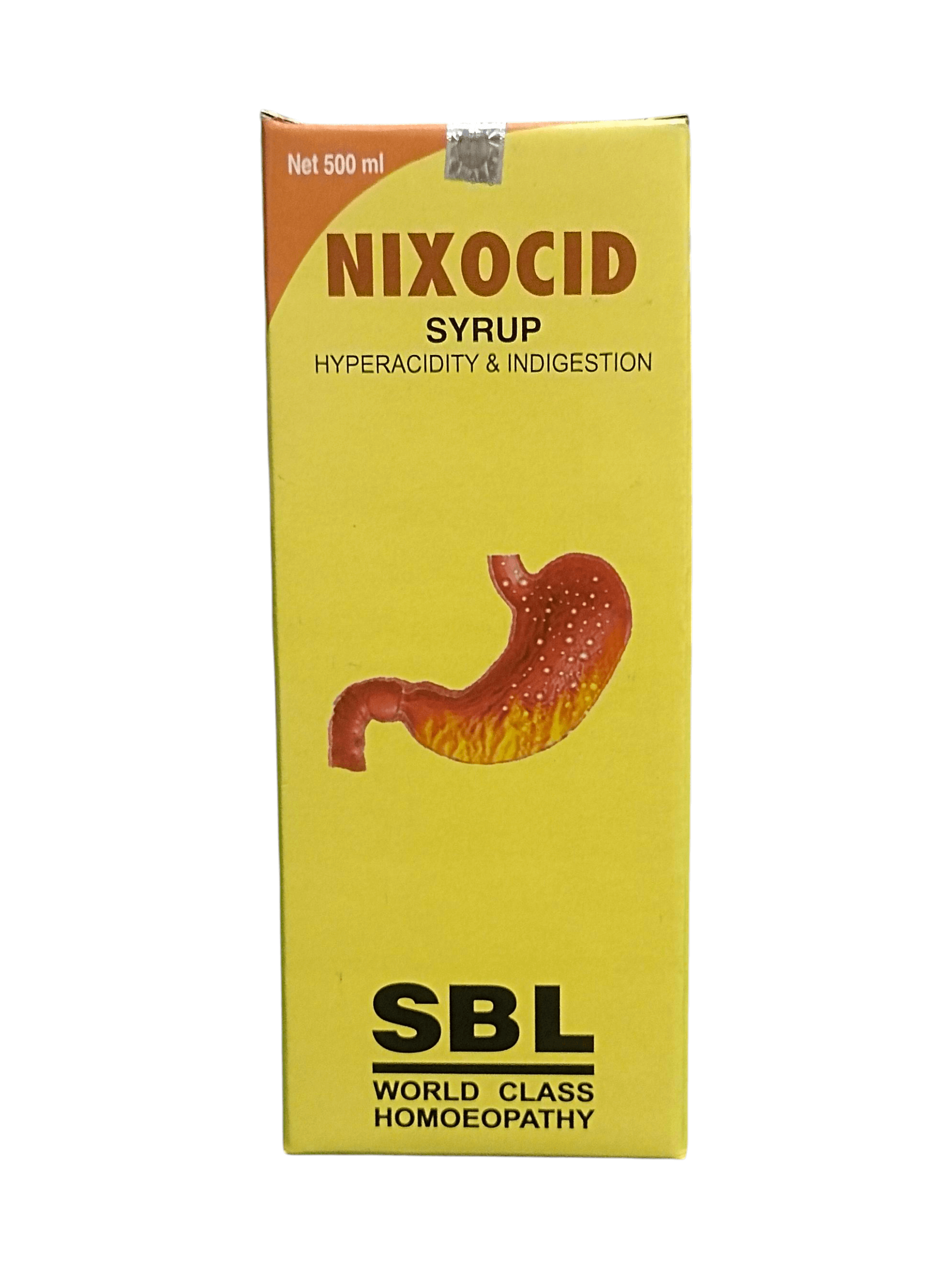 SBL NIXOCID SYRUP HYPERACIDITY & INDIGESTION HOMEOPATHIC MEDICINE 500ML packaging with vibrant color and gastric illustration.