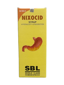 SBL NIXOCID SYRUP HYPERACIDITY & INDIGESTION HOMEOPATHIC MEDICINE 500ML packaging with vibrant color and gastric illustration.