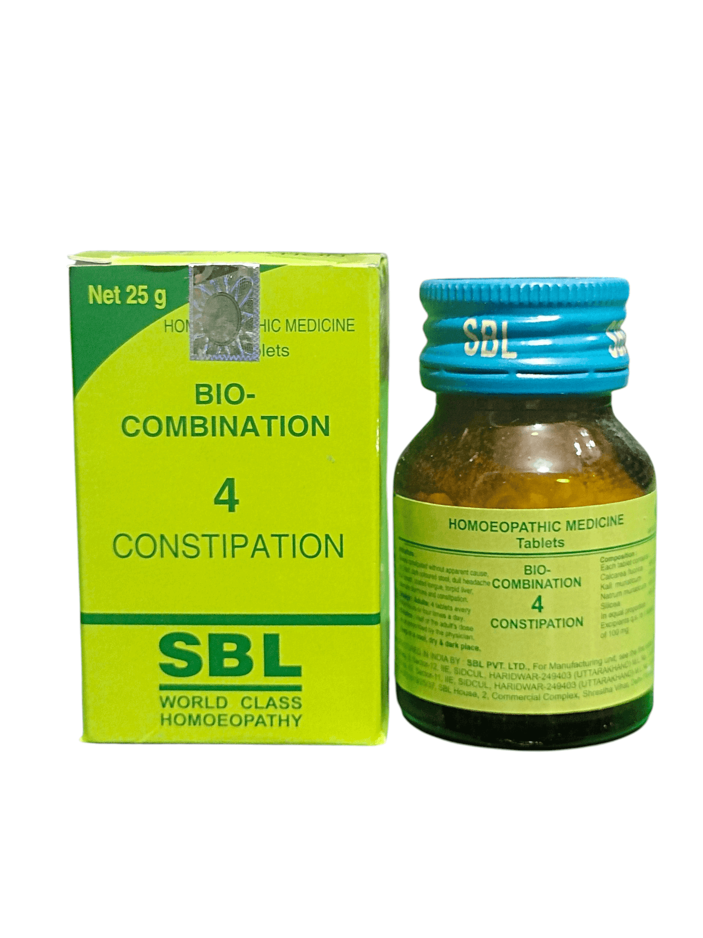 SBL BIOCOMBINATION NO. 4 CONSTIPATION TABLET HOMEOPATHIC MEDICINE 25G packaging and bottle in green and yellow.
