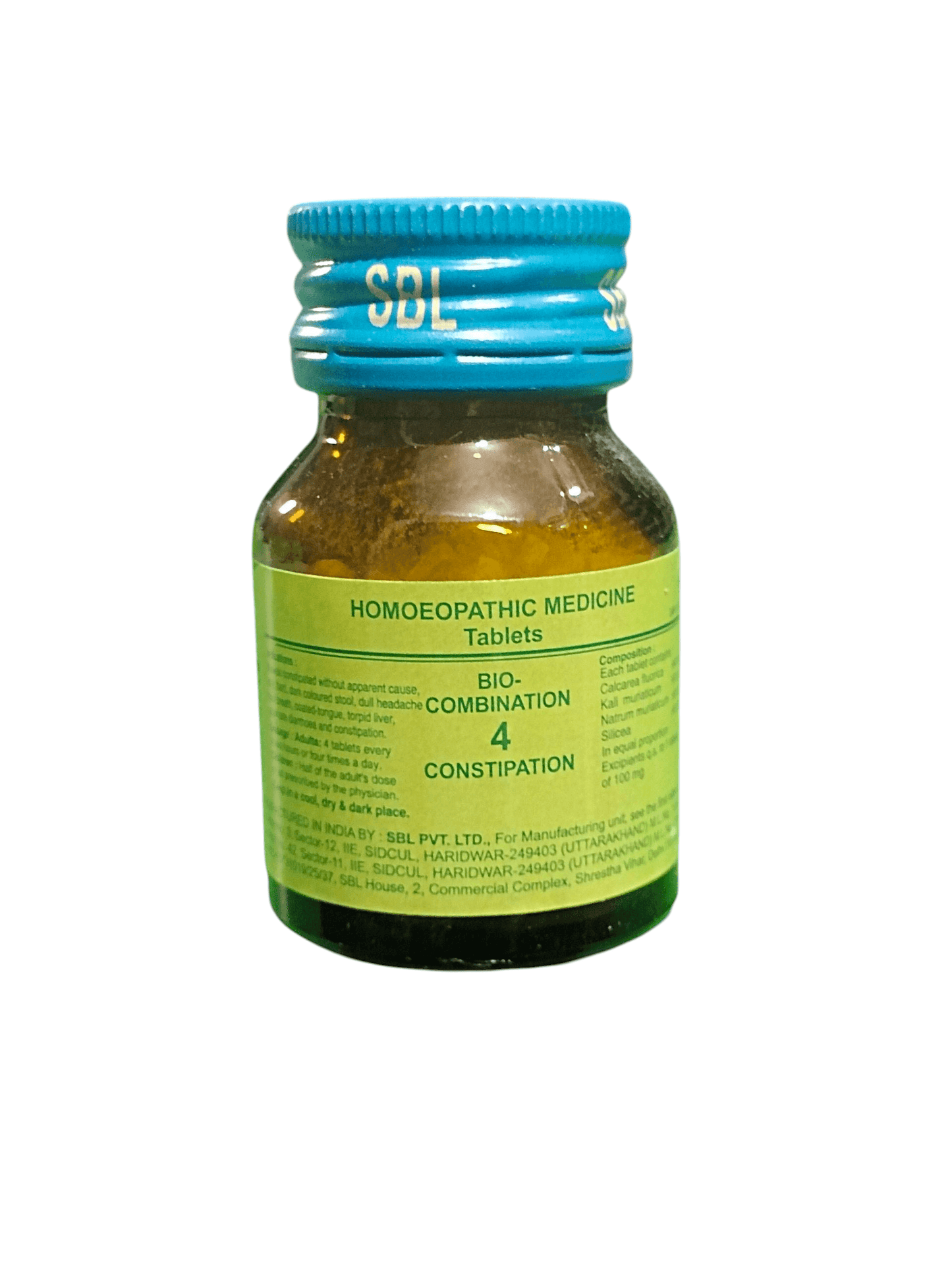 SBL BIOCOMBINATION NO. 4 CONSTIPATION TABLET HOMEOPATHIC MEDICINE 25G bottle with green label