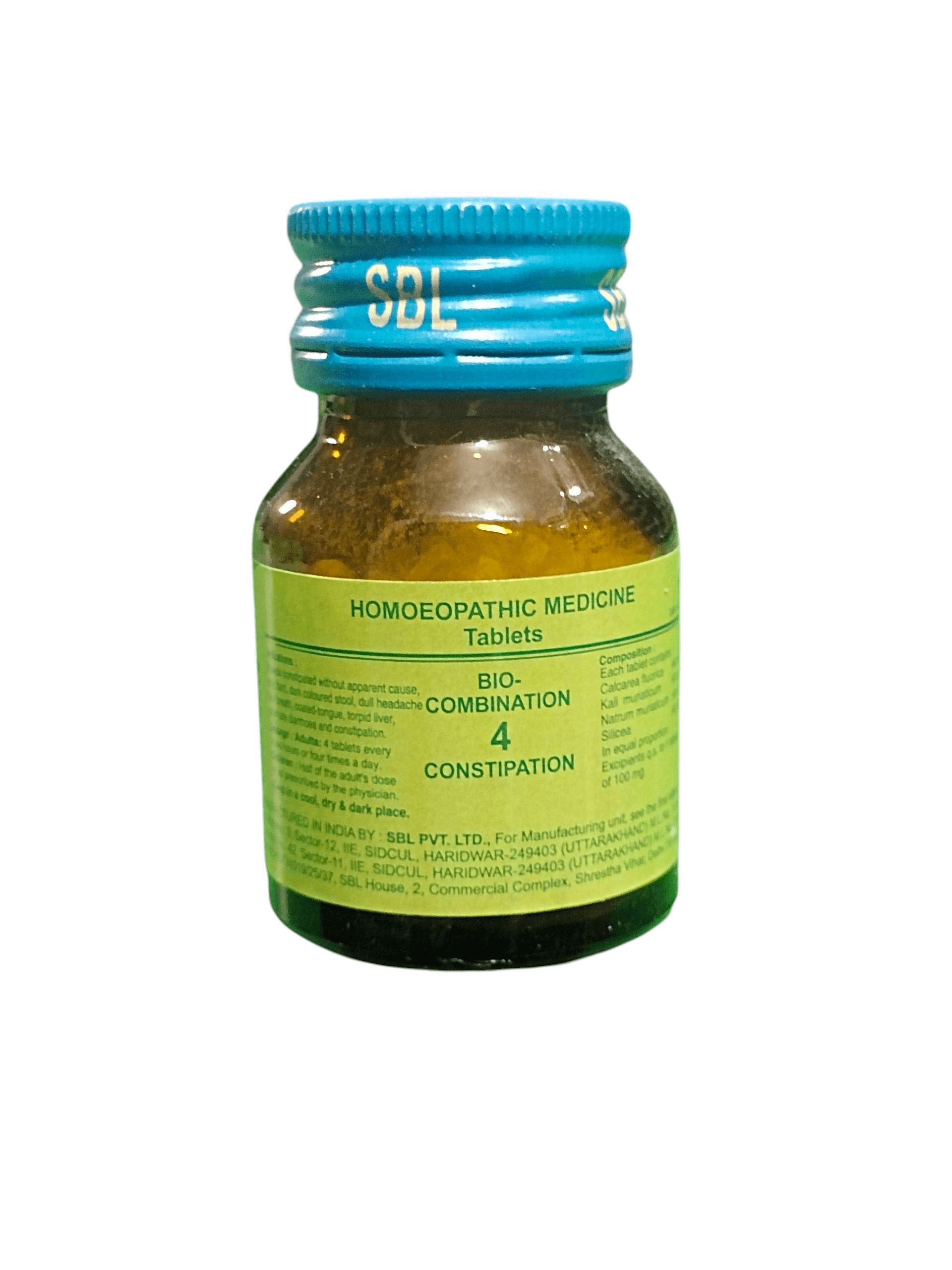 SBL BIOCOMBINATION NO. 4 CONSTIPATION TABLET HOMEOPATHIC MEDICINE 25G bottle with green label