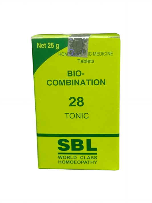 SBL BIOCOMBINATION NO. 28 TONIC TABLET HOMEOPATHIC MEDICINE 25g packaging showing front view with vibrant colors.