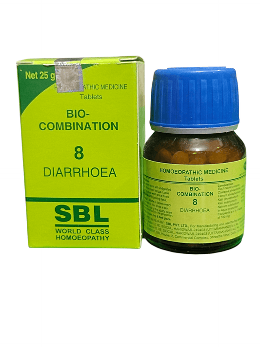 SBL BIOCOMBINATION NO.8 DIARRHOEA TABLET HOMEOPATHIC MEDICINE 25g product packaging and bottle.