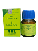 SBL BIOCOMBINATION NO.8 DIARRHOEA TABLET HOMEOPATHIC MEDICINE 25g product packaging and bottle.