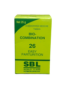 SBL BIOCOMBINATION NO.26 EASY PARTURITION TABLET HOMEOPATHIC MEDICINE 25g packaging in bright green box.