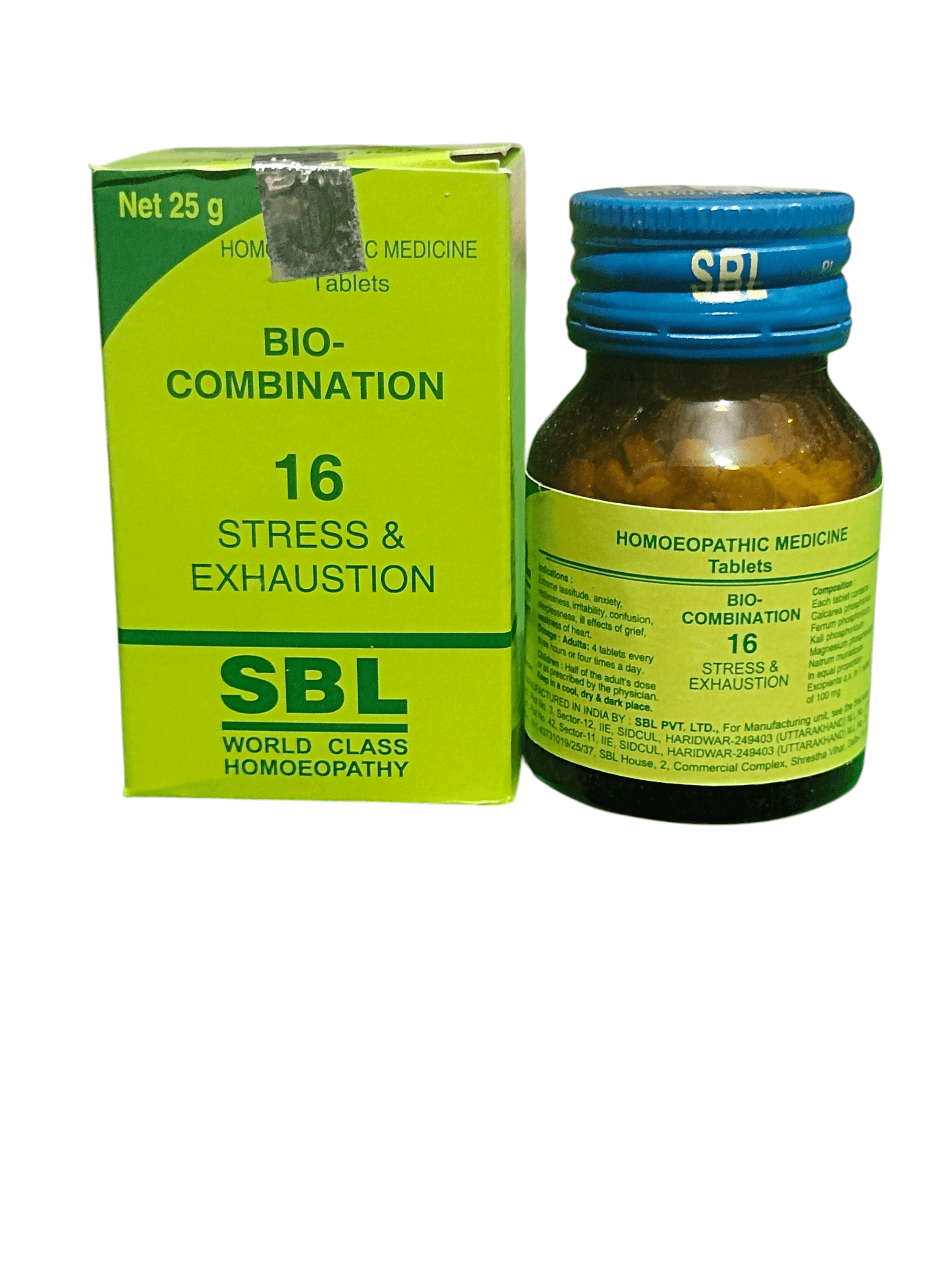 SBL BIOCOMBINATION NO.16 STRESS AND EXHAUSTION TABLET HOMEOPATHIC MEDICINE 25G 25g packaging and bottle