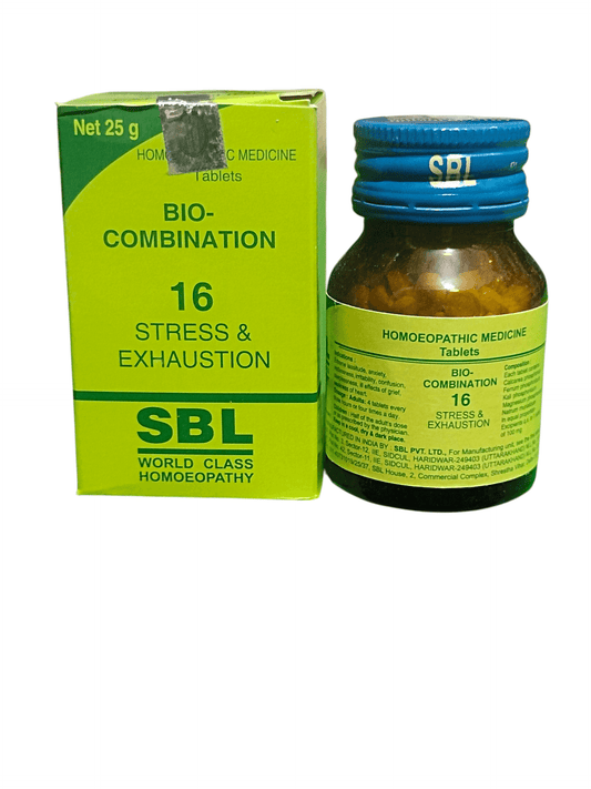 SBL BIOCOMBINATION NO.16 STRESS AND EXHAUSTION TABLET HOMEOPATHIC MEDICINE 25G 25g packaging and bottle