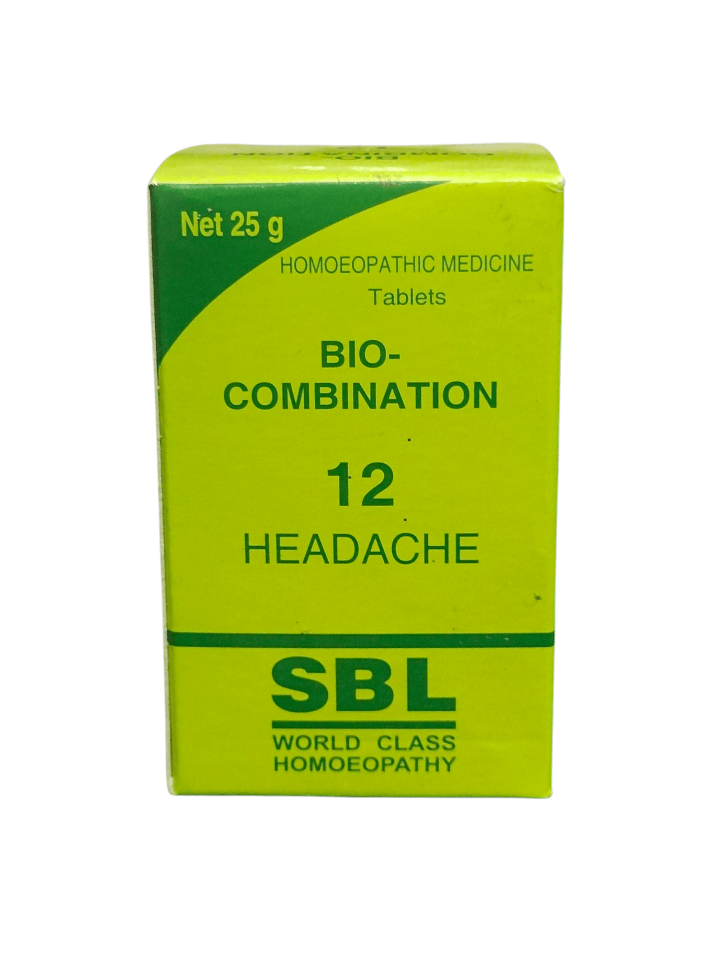 SBL BIOCOMBINATION NO.12 HEADACHE TABLET HOMEOPATHIC MEDICINE 25G packaging on a green box.
