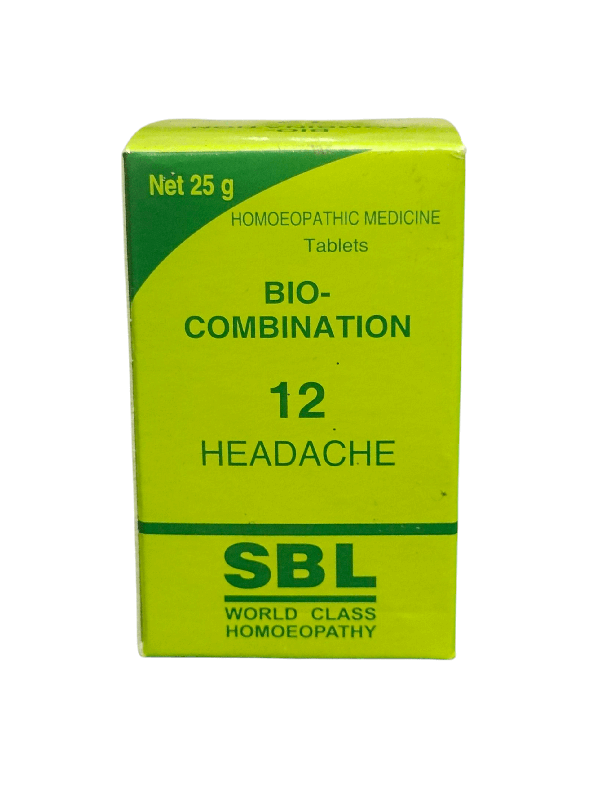 SBL BIOCOMBINATION NO.12 HEADACHE TABLET HOMEOPATHIC MEDICINE 25G packaging on a green box.