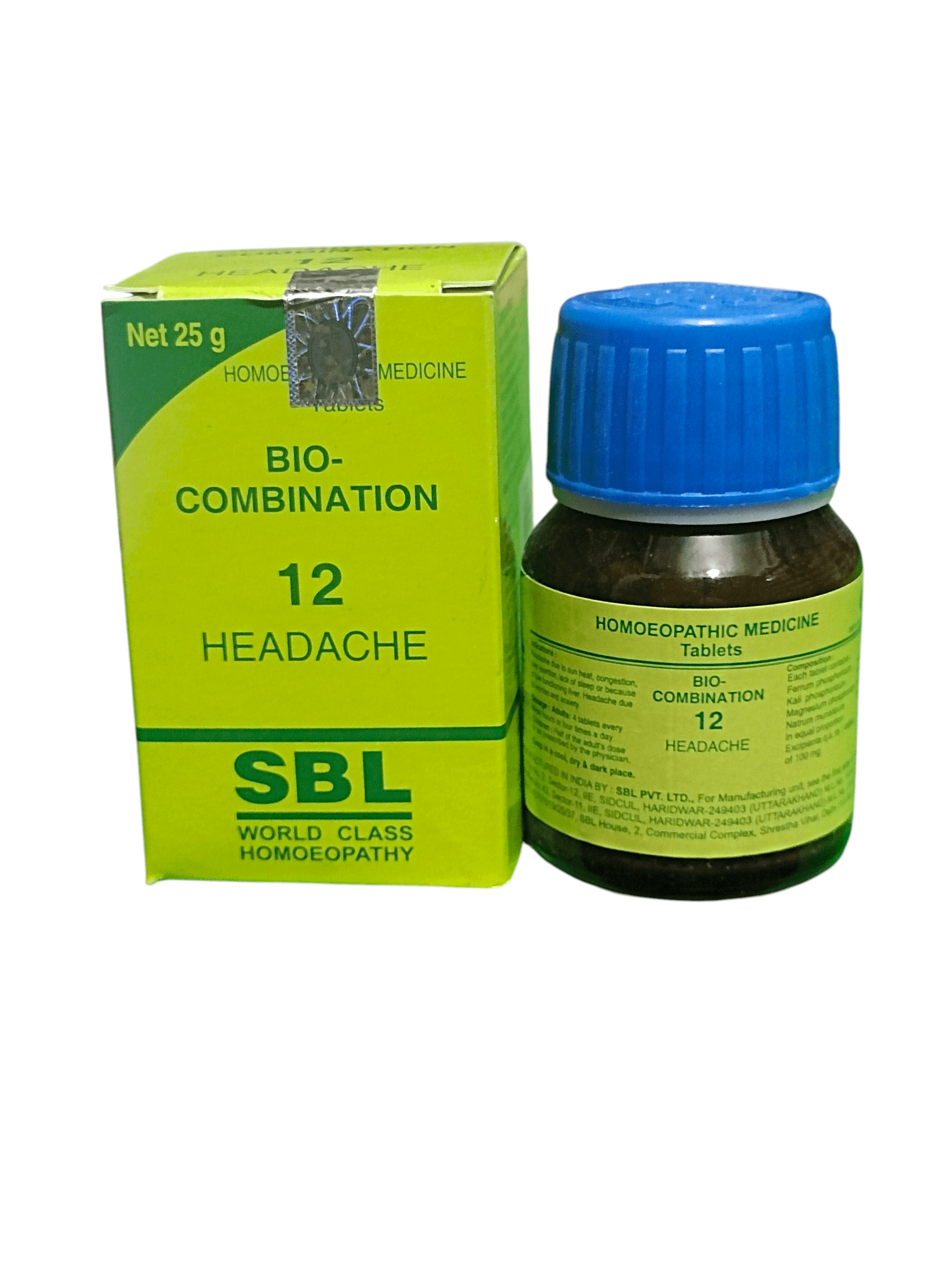 SBL BIOCOMBINATION NO.12 HEADACHE TABLET HOMEOPATHIC MEDICINE 25G in green packaging with a blue cap.