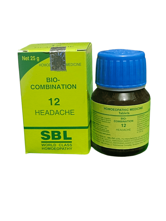 SBL BIOCOMBINATION NO.12 HEADACHE TABLET HOMEOPATHIC MEDICINE 25G in green packaging with a blue cap.