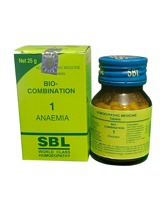 SBL BIOCOMBINATION NO. 1 ANAEMIA TABLETS HOMEOPATHIC MEDICINE 25G bottle and packaging.