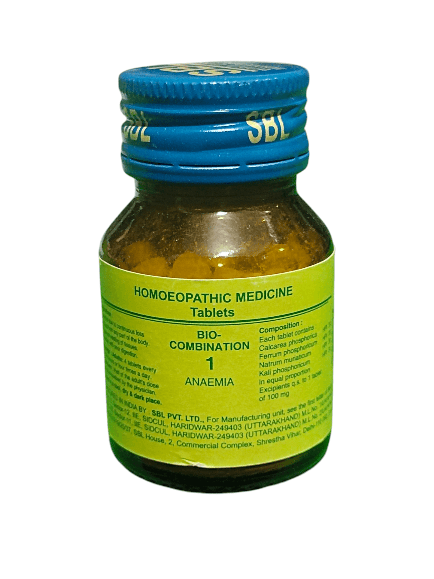 SBL BIOCOMBINATION NO. 1 ANAEMIA TABLETS HOMEOPATHIC MEDICINE 25G bottle with label