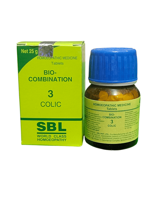 SBL BIOCOMBINATION NO. 3 COLIC HOMEOPATHIC MEDICINE 25G packaging and tablets for abdominal pain relief.