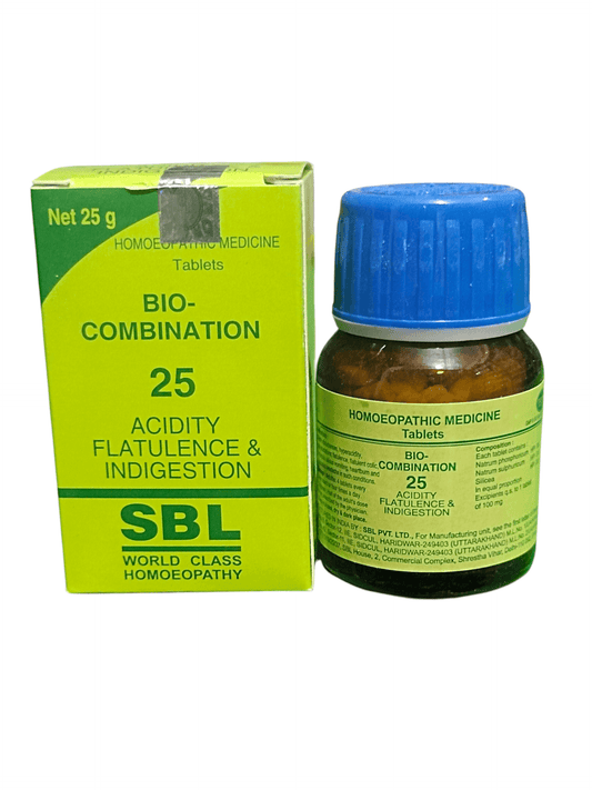 SBL BIOCOMBINATION NO. 25 ACIDITY FLATULENCE & INDIGETION TABLETS HOMEOPATHIC MEDICINE 25G packaging and product image.