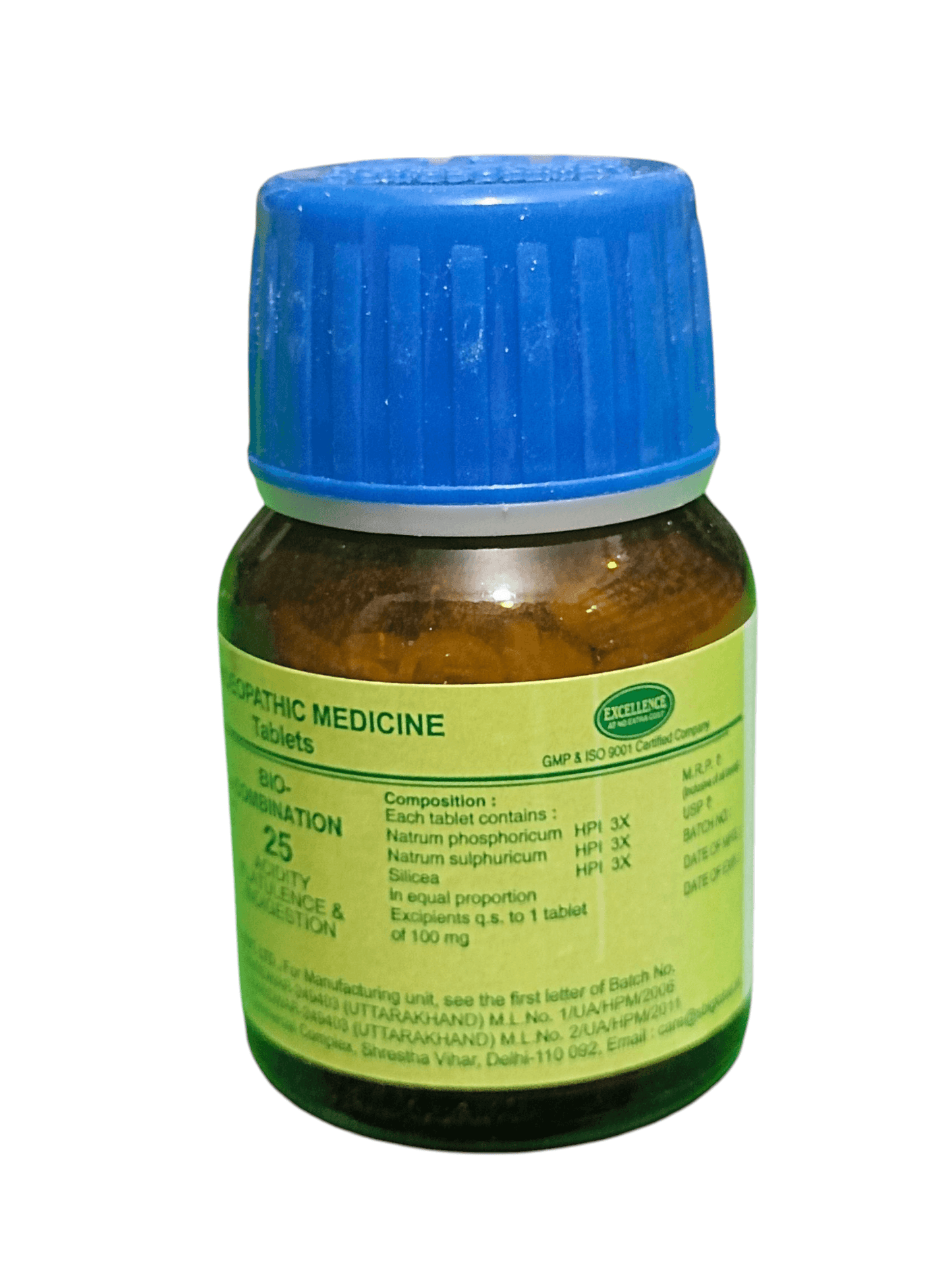 SBL BIOCOMBINATION NO. 25 ACIDITY FLATULENCE & INDIGETION TABLETS HOMEOPATHIC MEDICINE 25G bottle with blue cap.