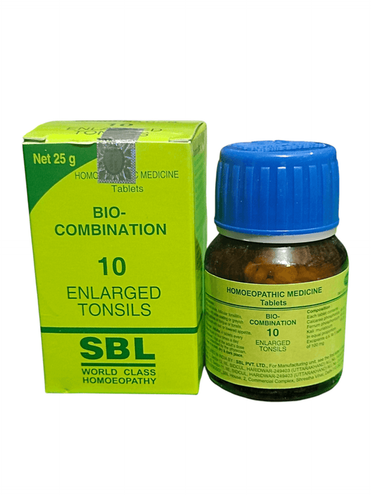 SBL BIOCOMBINATION  NO. 10 ENLARGED TONSILS TABLETS HOMEOPATHIC MEDICINE 25G packaging and bottle image.