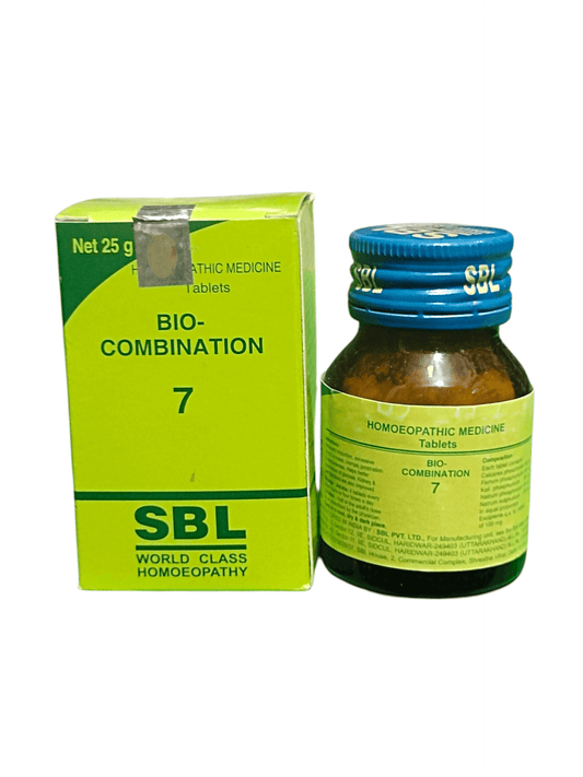 SBL BIOCOMBINATION NO. 7 SUGAR RELIEF TABLETS HOMEOPATHIC MEDICINE 25G in a green box and bottle.