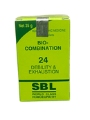 SBL BIOCOMBINATION NO. 24 DEBILITY & EXHAUSTION TABLETS HOMEOPATHIC MEDICINE 25G packaging box.