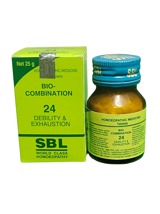 SBL BIOCOMBINATION NO. 24 DEBILITY & EXHAUSTION TABLETS HOMEOPATHIC MEDICINE 25G in a green and yellow packaging.
