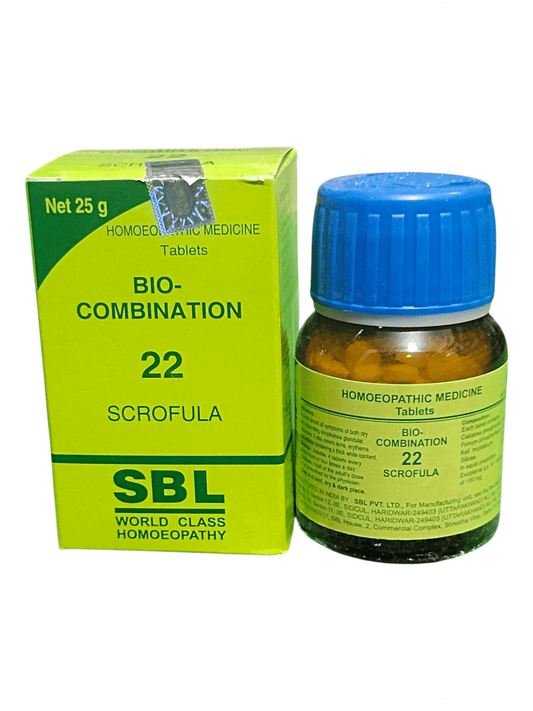 SBL BIOCOMBINATION NO. 22 SCROFULA TABLET HOMEOPATHIC MEDICINE 25G packaging and bottle.
