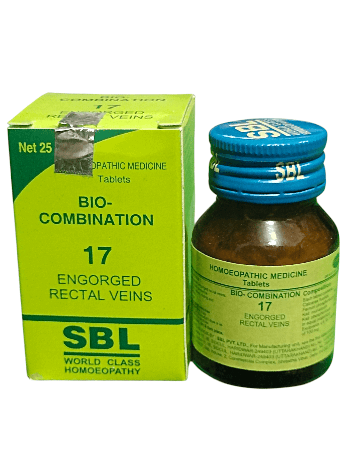 SBL BIOCOMBINATION NO. 17 ENGORGED RECTAL VEINS TABLET HOMEOPATHIC MEDICINE 25G packaging and bottle image.