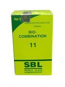 SBL BIOCOMBINATION TABLETS NO. 11 HOMEOPATHIC MEDICINE 25G packaging shown in a bright green box.