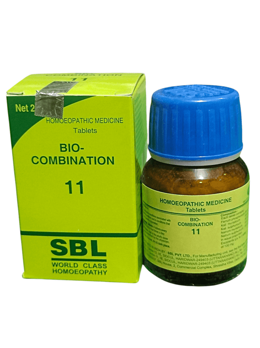 SBL BIOCOMBINATION TABLETS NO. 11 HOMEOPATHIC MEDICINE 25G in packaging and bottle.