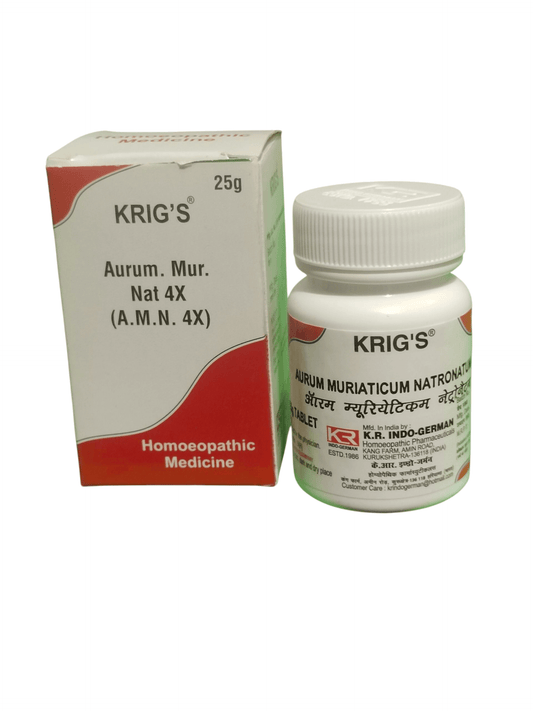 KRIG'S AURUM MUR NAT 4X TABLETS HOMEOPATHIC MEDICINE 25G packaging and bottle image.