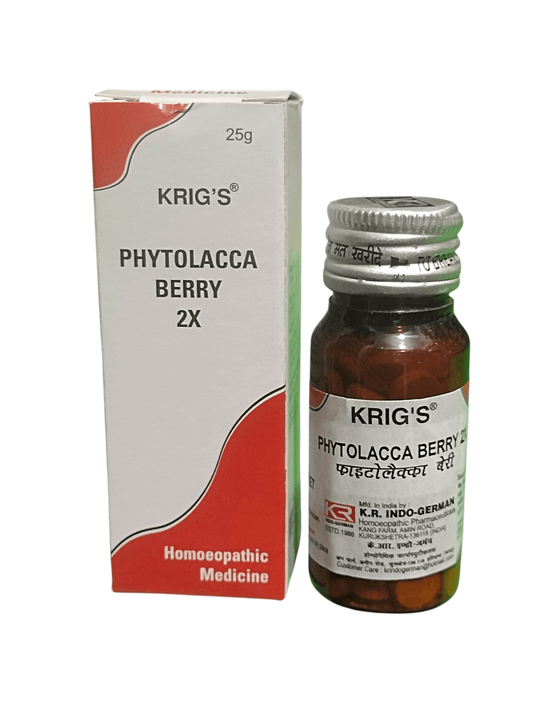 KRIG'S PHYTOLACCA BERRY 2X TABLETS HOMEOPATHIC MEDICINE 25G in packaging with bottle and box.