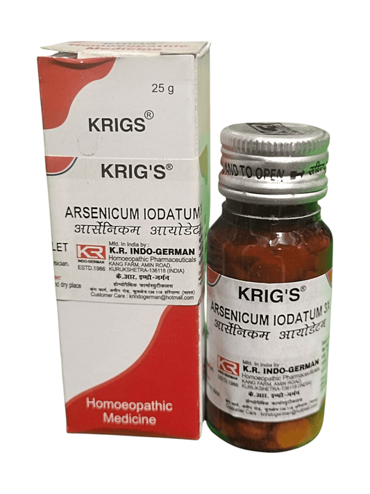 KRIG'S ARSENICUM IODATUM 3X TABLETS HOMEOPATHIC MEDICINE 25G in a bottle and package.