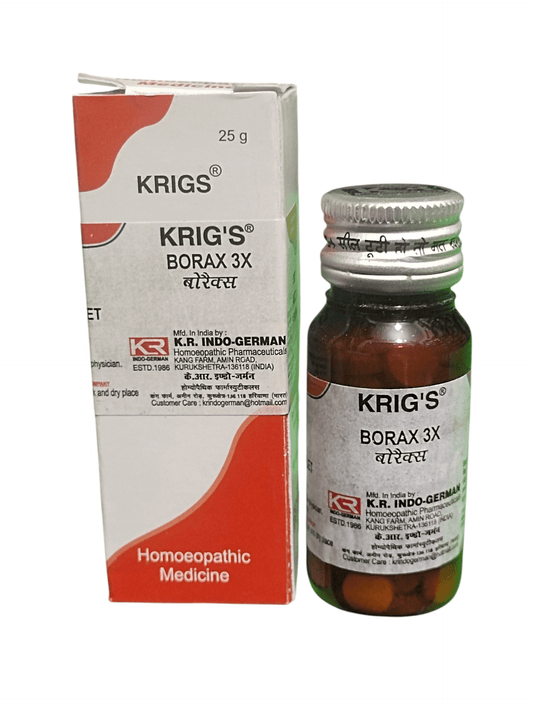 KRIG'S BORAX 3X TABLETS HOMEOPATHIC MEDICINE 25G bottle and packaging image, effective for mouth ulcers and teething troubles.