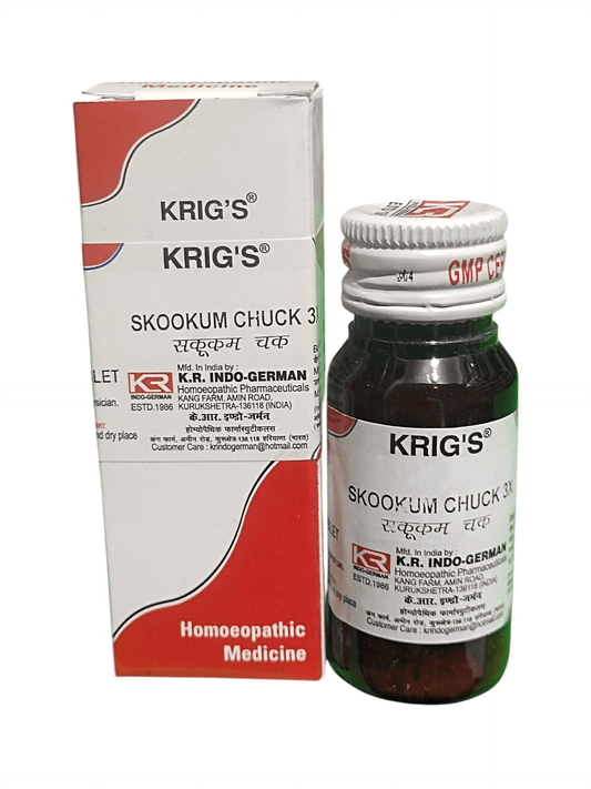 KRIG'S SKOOKUM CHUCK 3X TABLETS HOMEOPATHIC MEDICINE 25G packaging and bottle display.