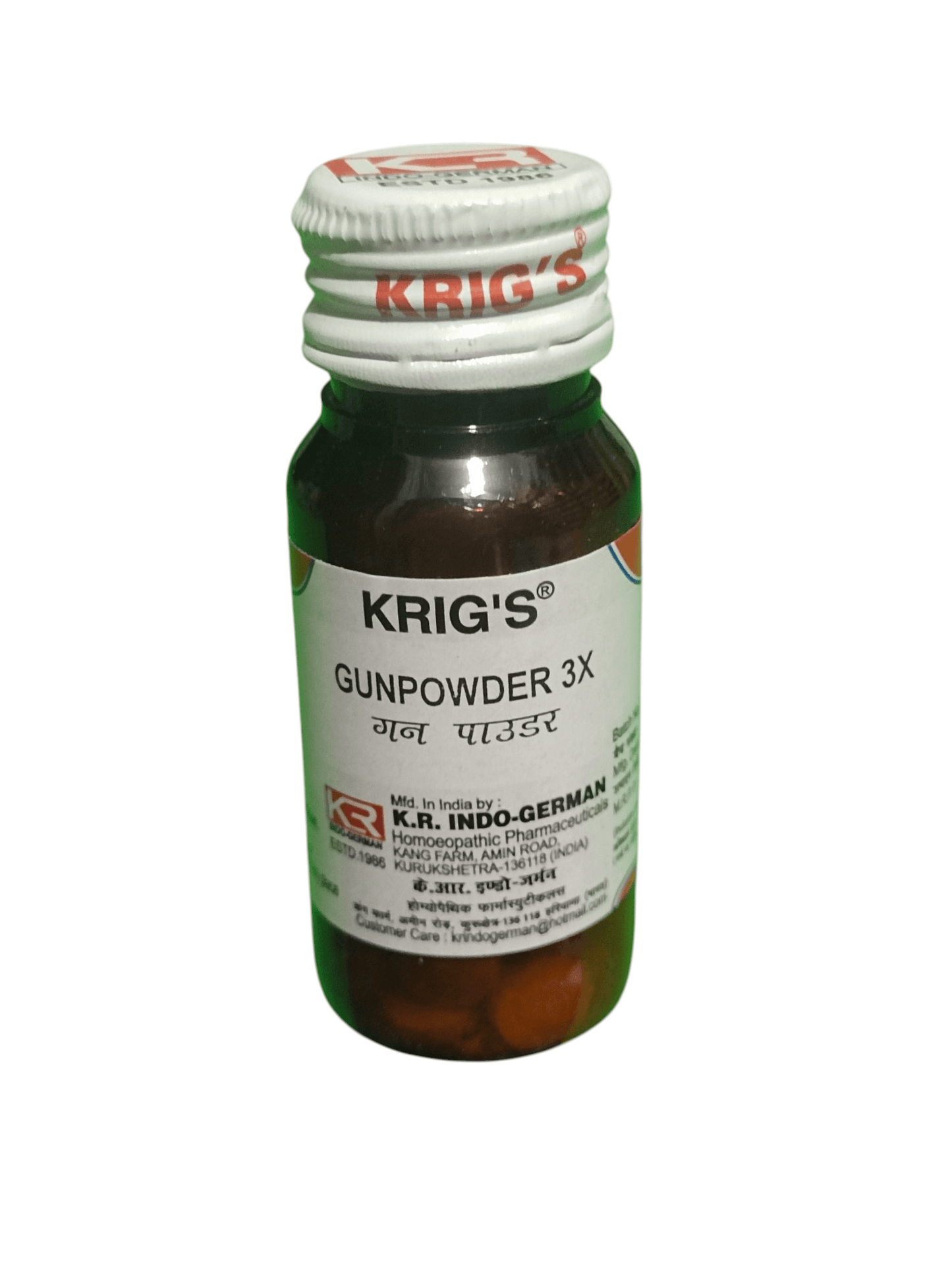 KRIG'S GUNPOWDER 3X TABLETS HOMEOPATHIC MEDICINE 25G in a bottle with label details.
