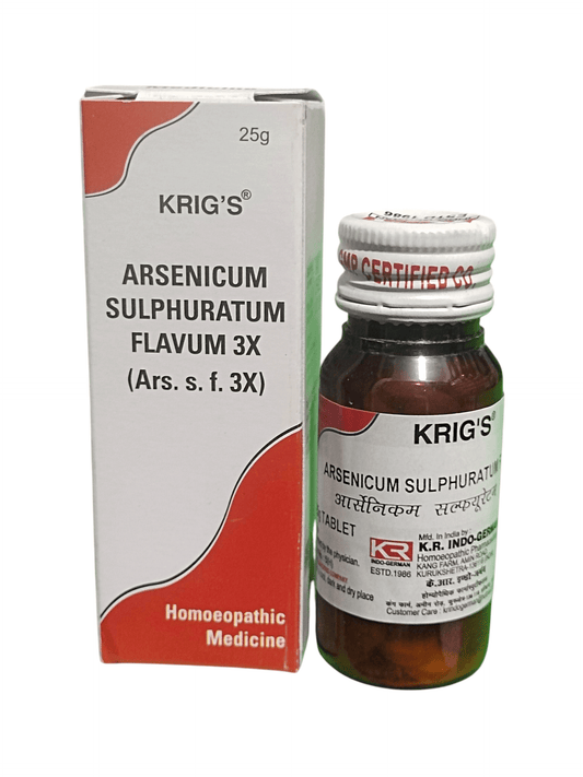 KRIG'S ARSENICUM SULPHURICUM FLAVUM 3X TABLETS HOMEOPATHIC MEDICINE 25G in a bottle and box packaging.