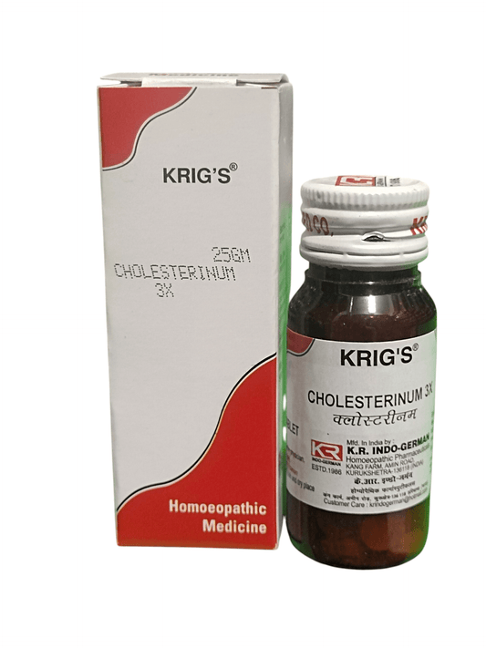 KRIG'S CHOLESTERINUM 3X TABLETS HOMEOPATHIC MEDICINE 25GM in packaging and bottle, supporting cholesterol and liver health.